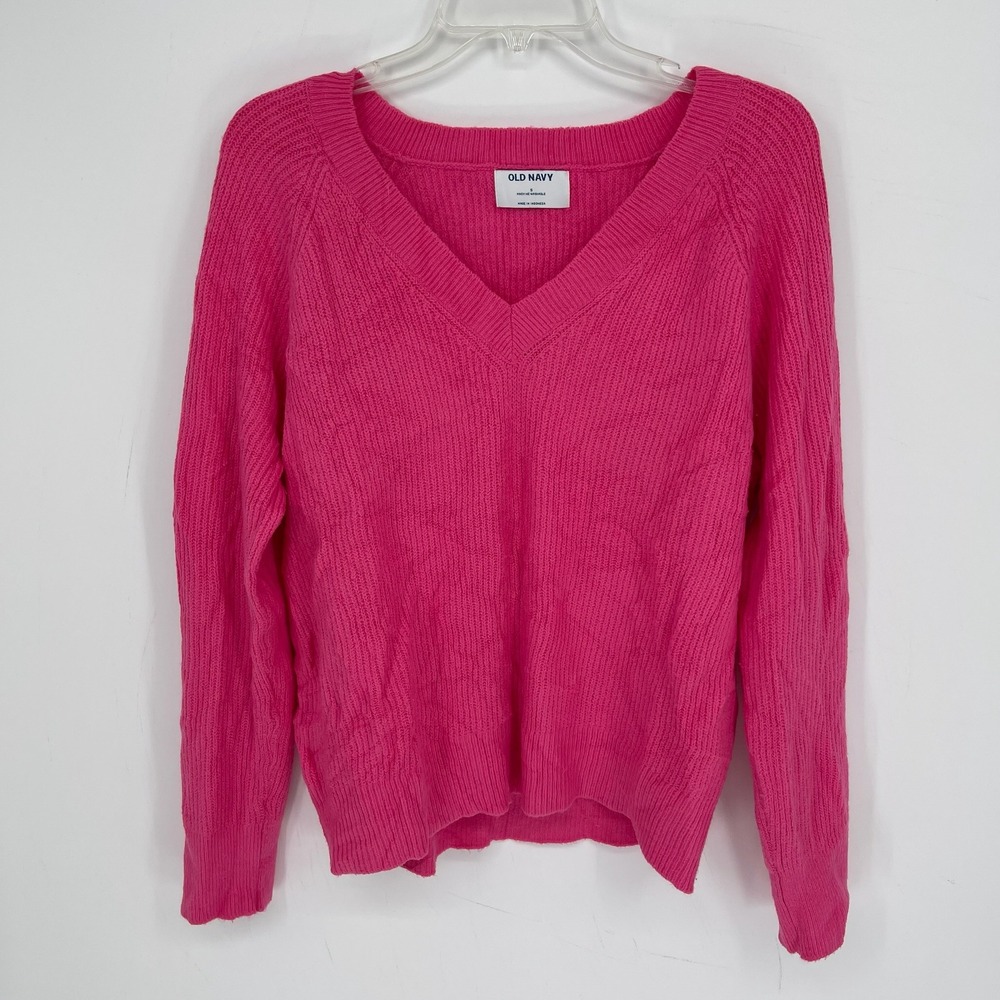 Old Navy Women's Pink Ribbed V-Neck Raglan Long Sleeve Pullover Sweater Size S